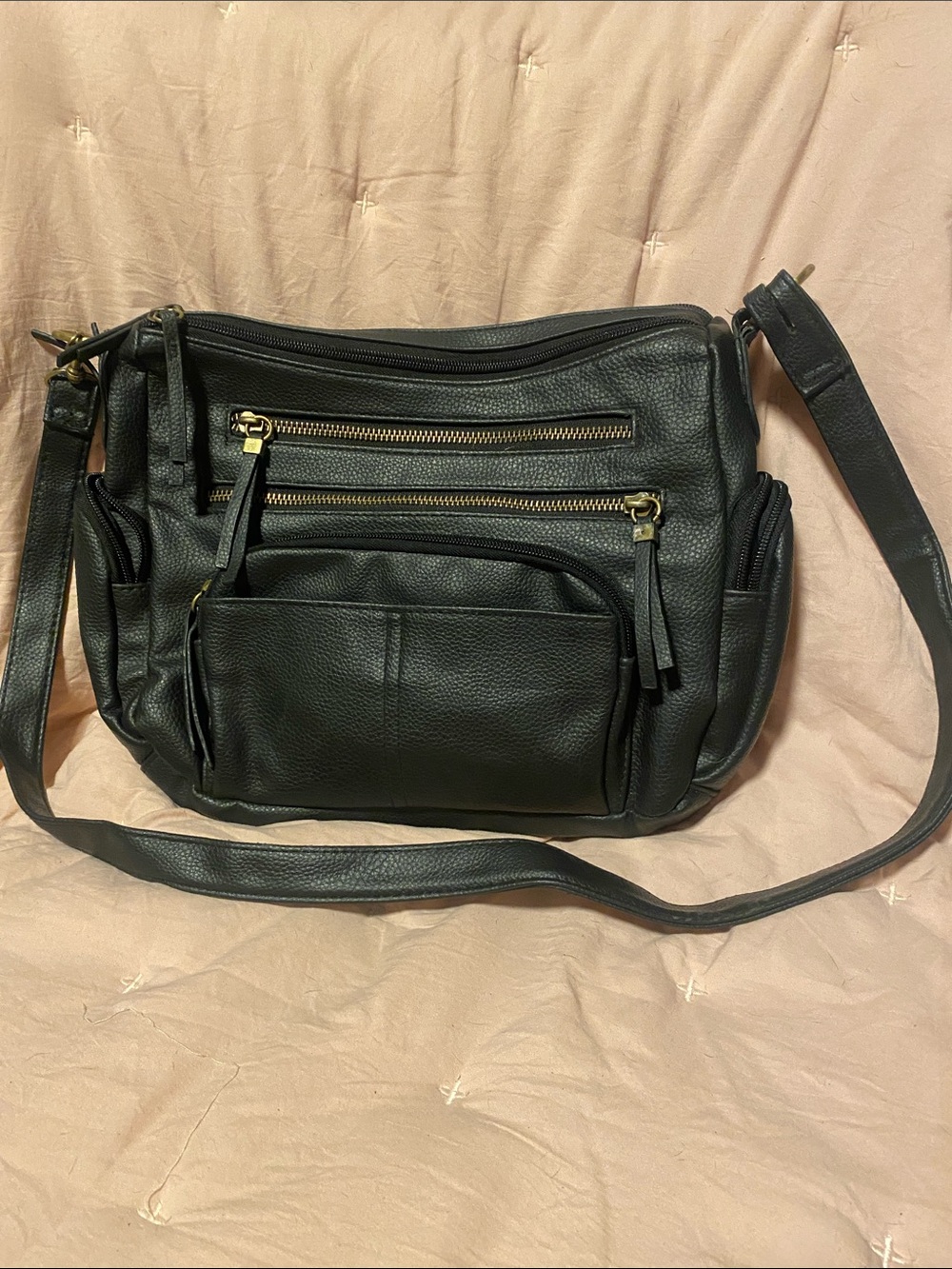 Black Pebbled Crossbody Bag with Multiple Zip Pockets
